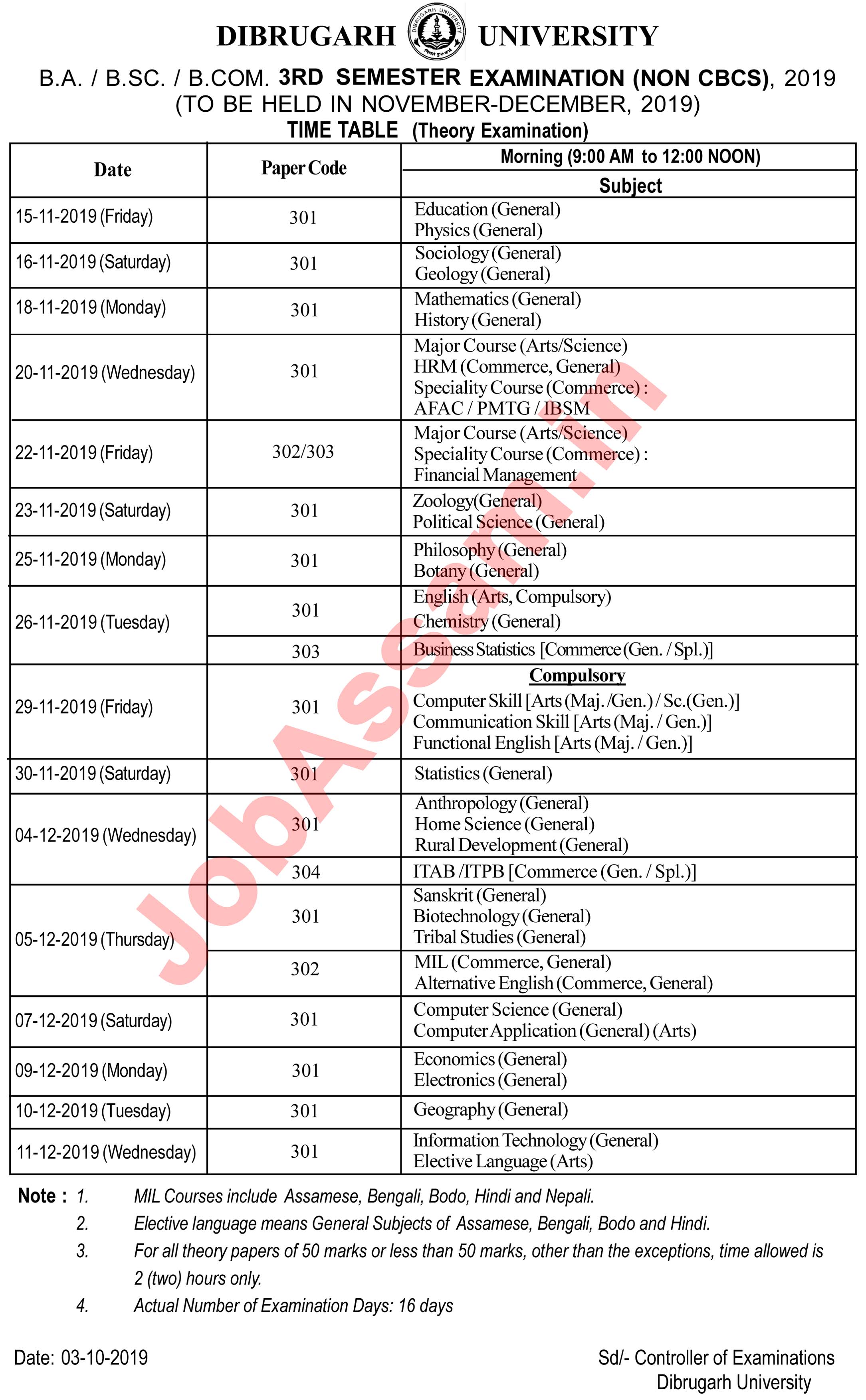 Dibrugarh University Exam Routine 2019 – 1st, 3rd & 5th Semester