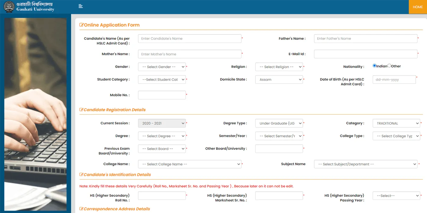 Screenshot of Gauhati University Registration Portal.