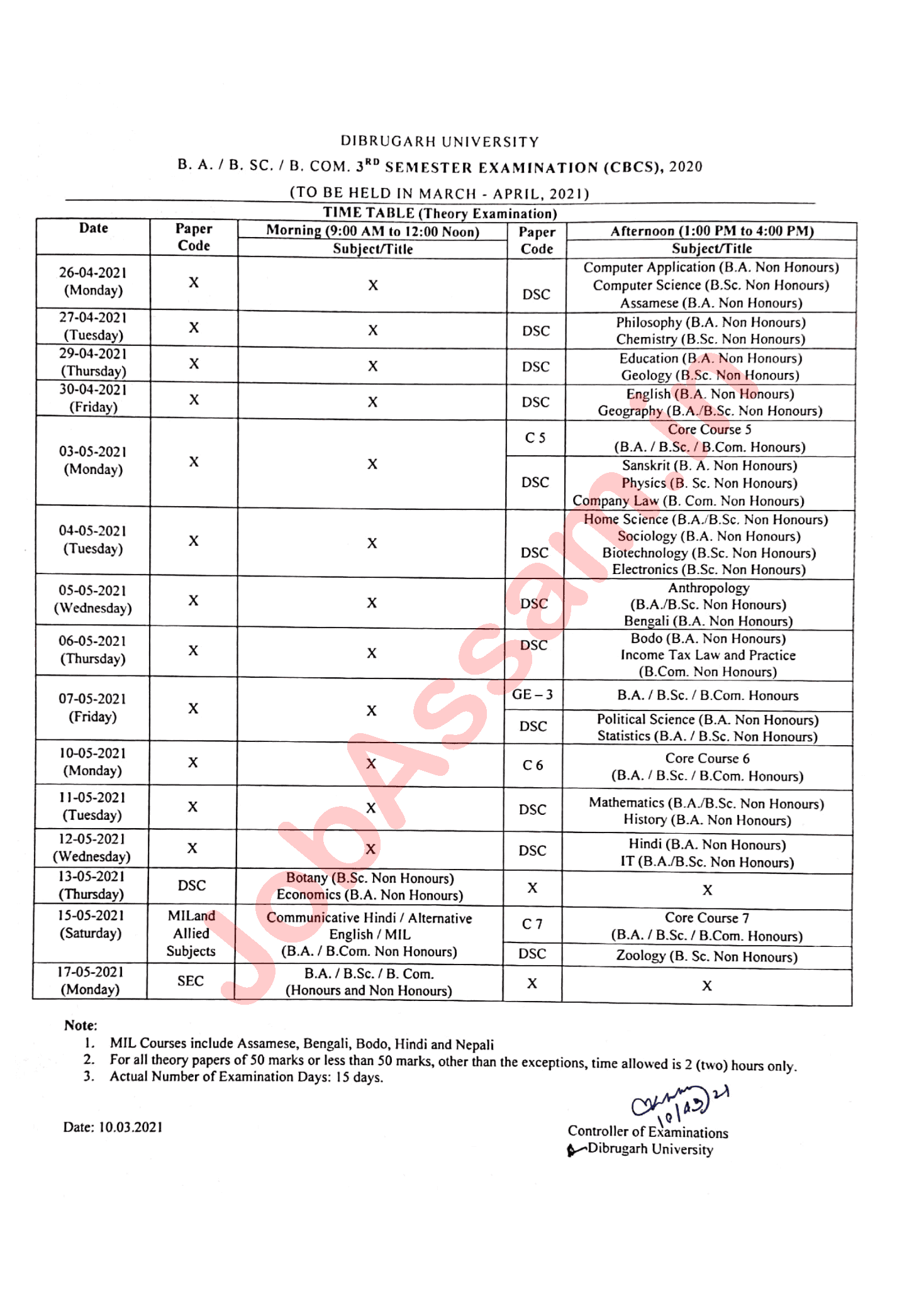 Dibrugarh University Exam Routine 2021 - 1st, 3rd and 5th Semester