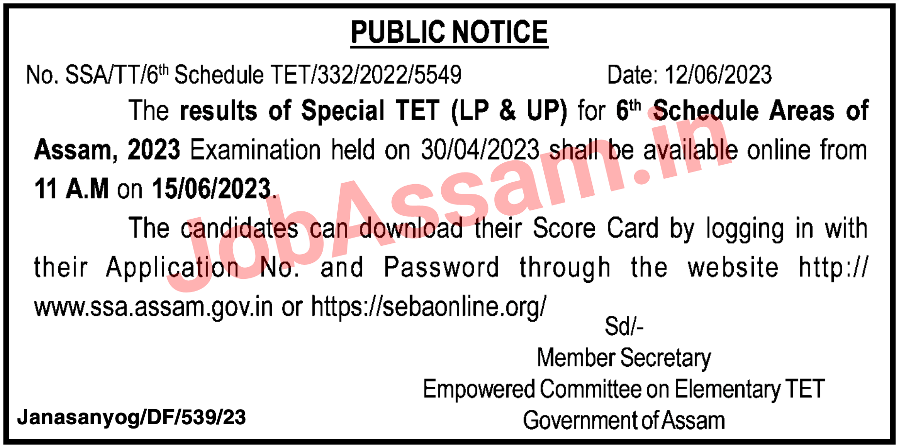 Assam TET Result Notice 2023