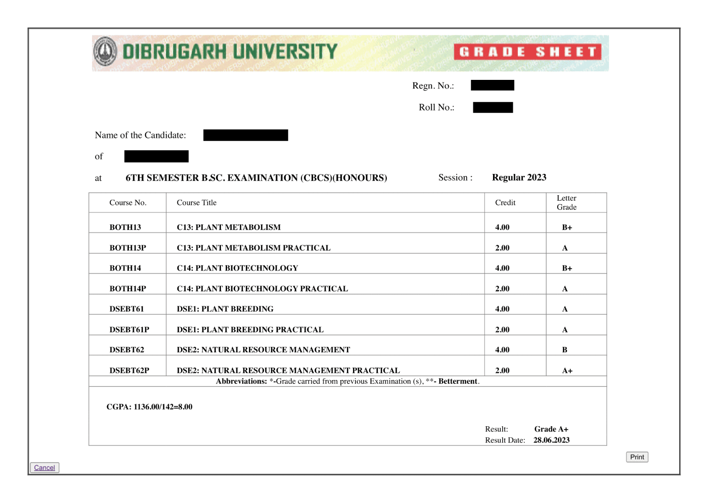 Grade Sheet of Dibrugarh University Result