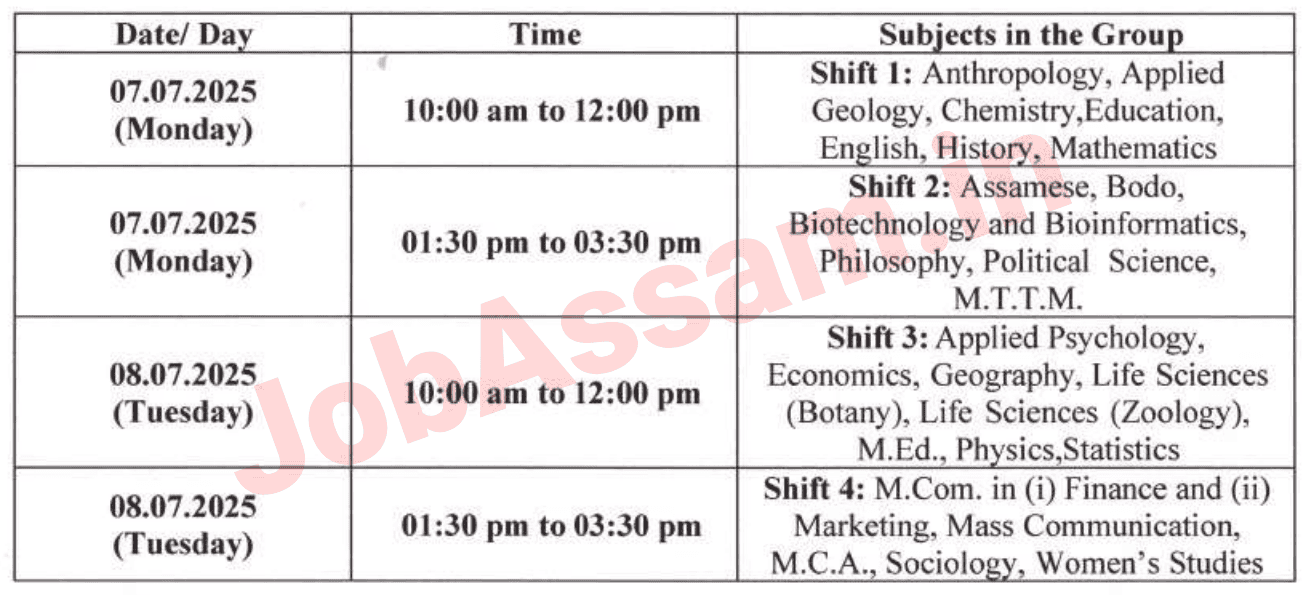 Dibrugarh University PG Admission Entrance Test Schedule