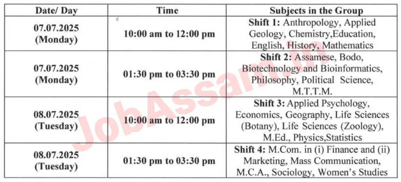 Dibrugarh University PG Admission Entrance Test Schedule