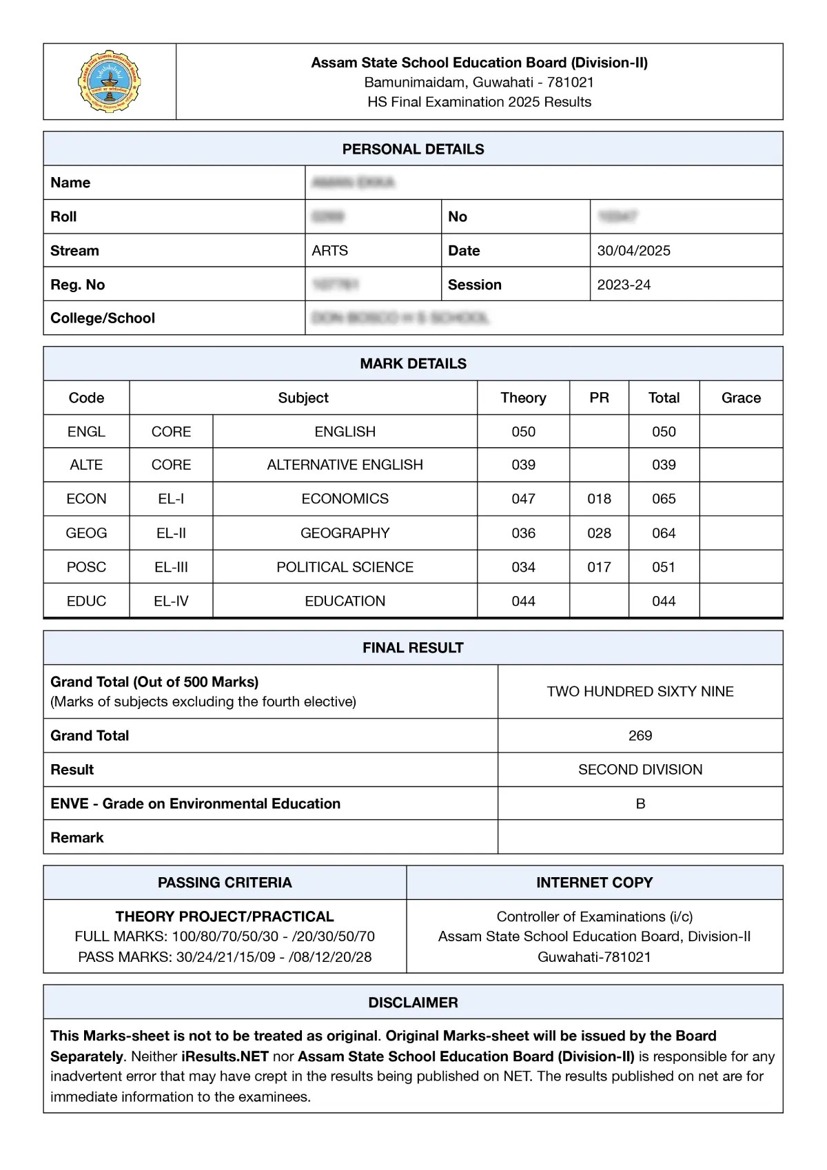 Assam HS Result Marksheet